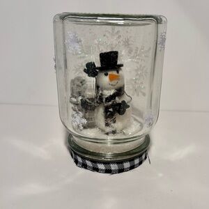 Hand Made Mason Jar Snow Globe with Snowman & Glittery Snowflakes 6 inches